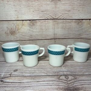 Vintage SET of 4 Pyrex Corning Laurel Leaf Teal Turquoise Milk Glass Mugs Cups